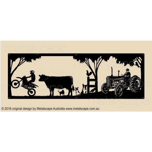Countryscape - Metalscape - Metal Art - Farm-XL Decorative Plaque - Motorbike, Cow, Dogs, Chickens and Massey Ferguson Tractor