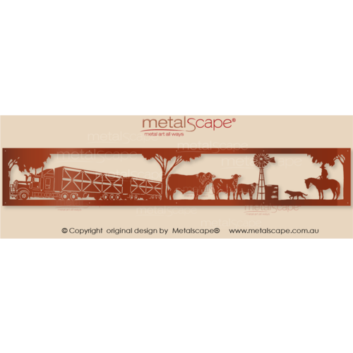 Countryscape - Metalscape - Metal Art - Farm-Panoramic Scene  - Kenworth Twin Road Train - Cattle Crates - Santa Gertrudis Cattle