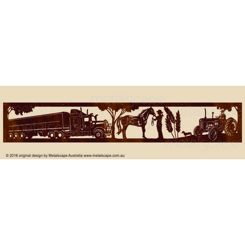 Countryscape - Metalscape - Metal Art - Farm-Panoramic Kenworth Tipper, horse and girl, wheat T35 Ferguson Tractor