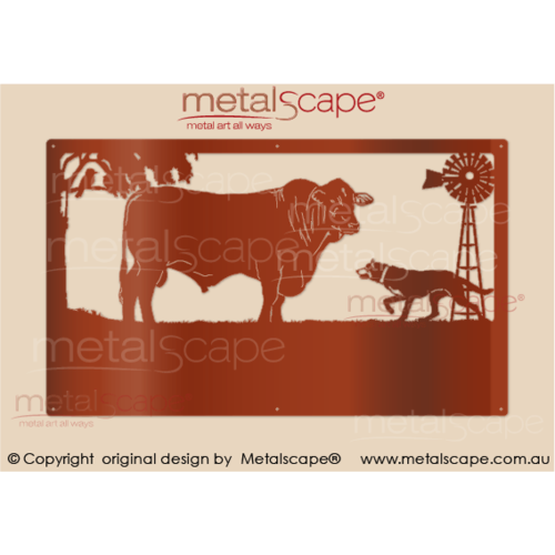 Metalscape - Farm Property Signs-Large Property Sign -Santa Gertrudis Bull, Stalking Kelpie & Windmill