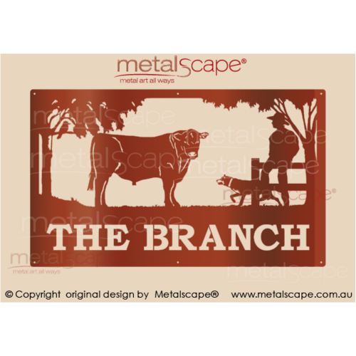 Metalscape - Farm Property Signs-Large Property Sign - Angus Steer with Man on fence and Kelpie