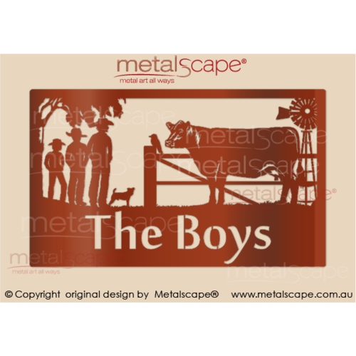 Metalscape - Farm Property Signs-Large Property Sign - Angus Cow, Windmill & 3 Boys