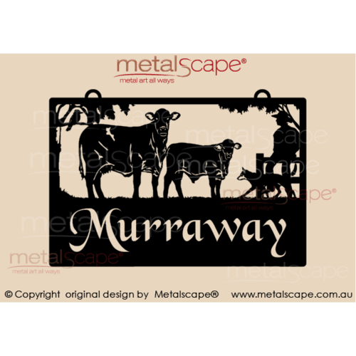 Metalscape - Farm Property Signs-Medium Property Sign -Santa Gerttudis cattle,  Man and Dog