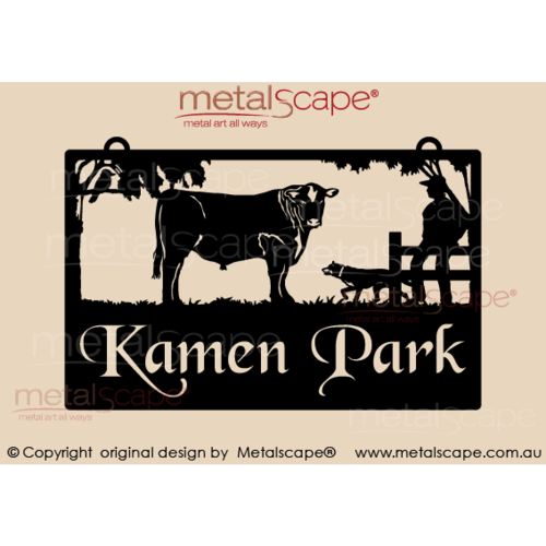Metalscape - Farm Property Signs-Medium Property Sign - Angus Bull with man and dog