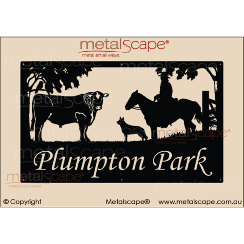 Metalscape - Farm Property Signs-Large Property Sign -Angus Bull, Male Rider & Dog