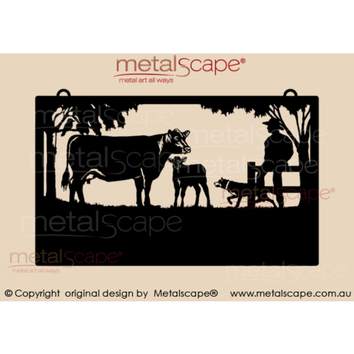 Metalscape - Farm Property Signs-Large Property Sign - Angus Cow & Calf, Man on Fence