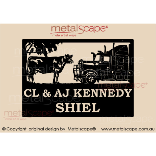 Metalscape - Farm Property Signs-Large Property Sign - Angus Cow & Kenworth Truck