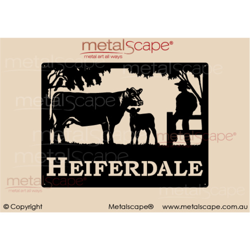 Metalscape - Farm Property Signs-Medium Property Sign  - Angus Cow, Calf with Man on Fence