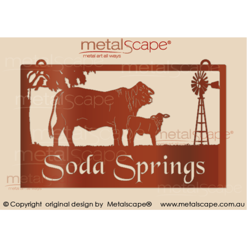 Metalscape - Farm Property Signs-Large Property Sign - Drought Master Cow & Calf and Windmill