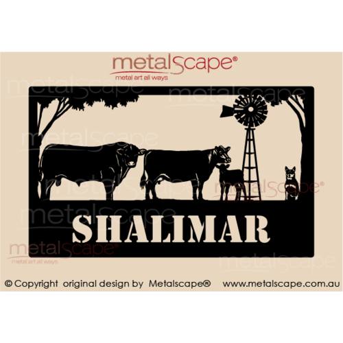 Metalscape - Farm Property Signs-Large Property Sign - Angus Bull, Cow and Calf Windmill and cattle dog