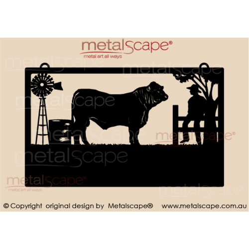 Metalscape - Farm Property Signs-Large Property Sign - Charbray Bull, Windmill, man on fence Boab Tree