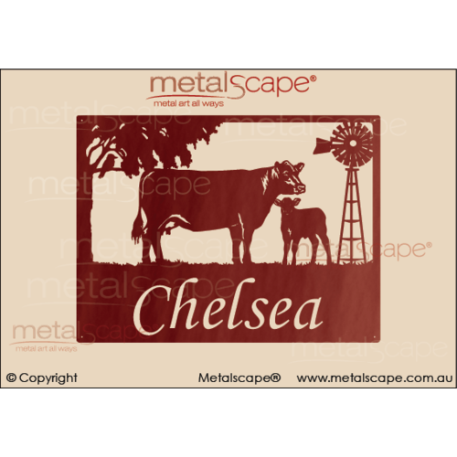 Metalscape - Farm Property Signs-Medium Property Sign  Angus Cow, Calf and Windmill
