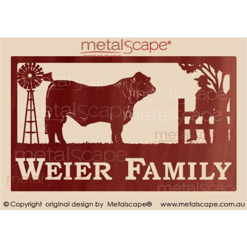 Metalscape - Farm Property Signs-Large Property Sign - Charbray Bull, Windmill, Man on Fence