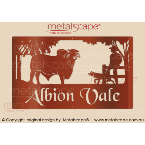 Metalscape - Farm Property Signs-Large Property Sign - Brahman Bull, Man on Fence & Kelpie