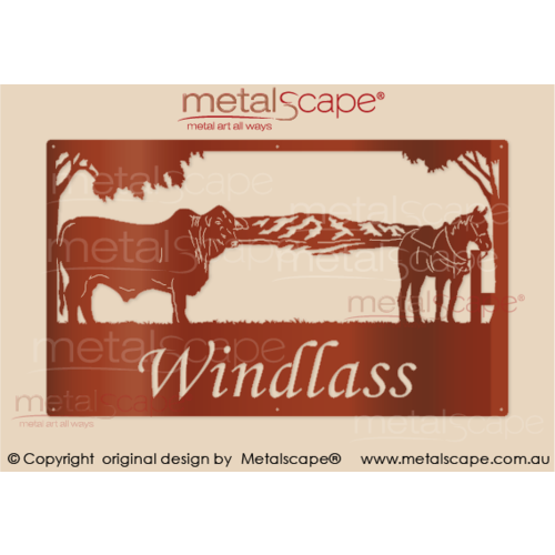 Metalscape - Farm Property Signs-Large Property Sign -Brangus Bull , Mountain Range and Horse