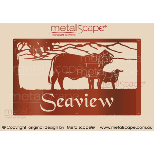 Metalscape - Farm Property Signs-Large Property Sign - Droughtmaster Cow, Calf and Mountain Range