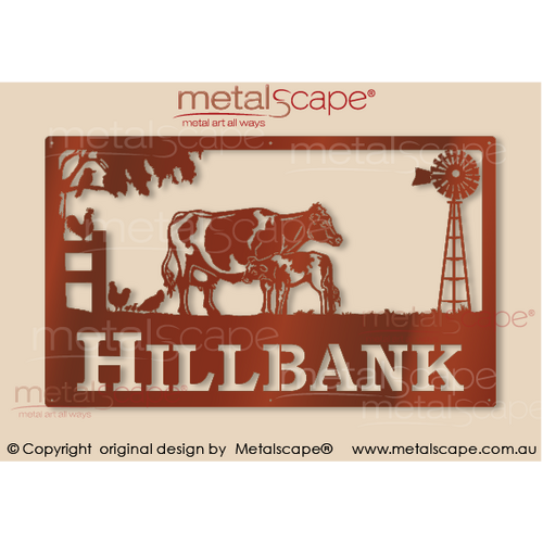 Metalscape - Farm Property Signs-Large Property Sign -  Friesian Cow, Calf and Windmill