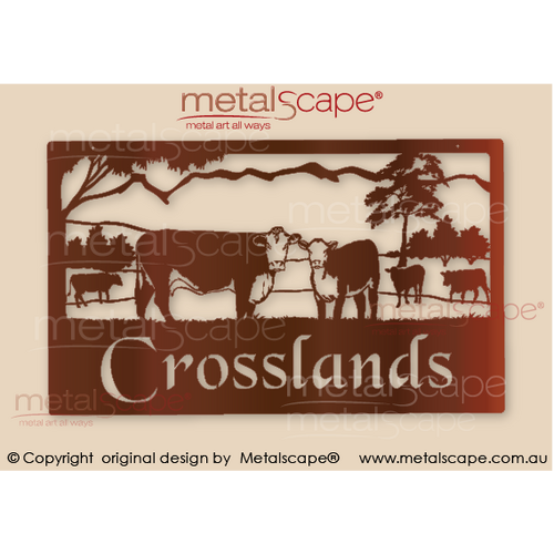 Metalscape - Farm Property Signs-Large Property Sign - Hereford Cows and Mountain Range