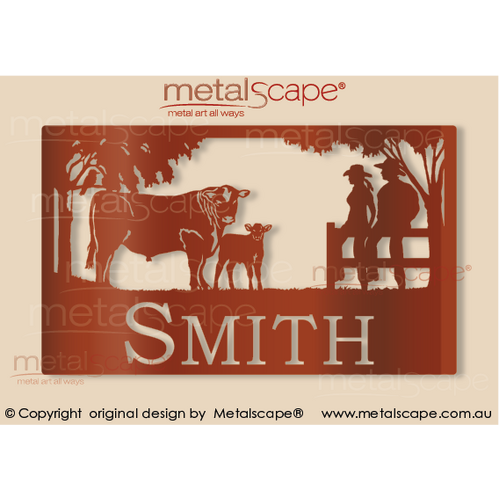 Metalscape - Farm Property Signs-Large Property Sign - Angus Steer, Calf, Woman and Man on Fence