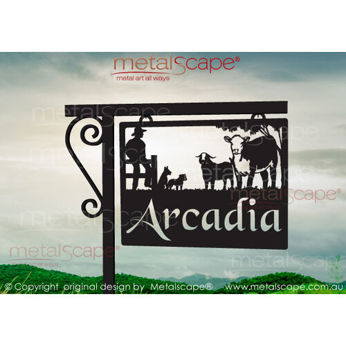 Metalscape - Farm Property Signs-Small Property Sign - Hereford Cow, Boer Goat, Dogs and Farmer