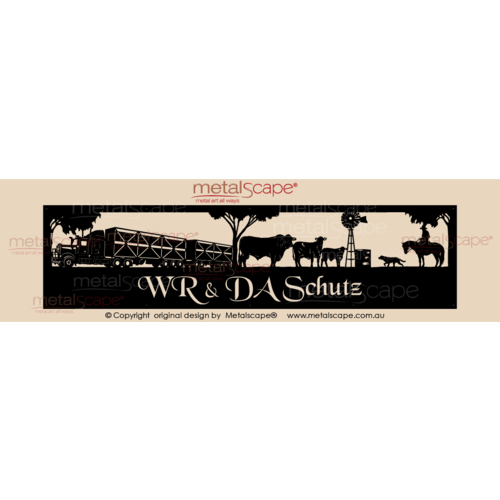 Metalscape - Farm Property Signs-Panoramic Farm Property Sign -Cattle Truck,Santa Gertrudis Cattle, windmill, dog and rider.