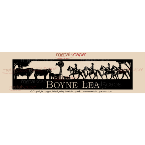 Metalscape - Farm Property Signs-Panoramic Farm Property Sign - Angus Cattle, windmill & 4 riders