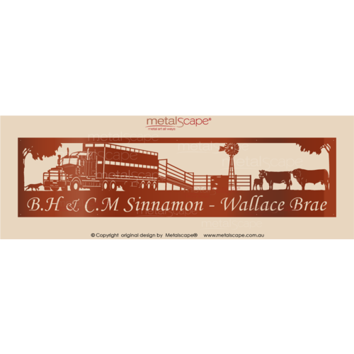 Metalscape - Farm Property Signs-Panoramic Farm Property Sign -Kenworth Semi, Loading Ramp and Yard, Windmill and Angus Cattle