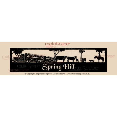 Metalscape - Farm Property Signs-Panoramic Property Sign - Kenworth Road Train & Cattle Crates, Angus Cattle, Horse rider, Windmill & Kelpie