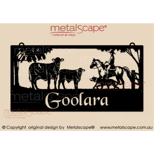 Metalscape - Farm Property Signs-XL Property Sign -Santa Gertrudis cow & calf with rider and kelpie
