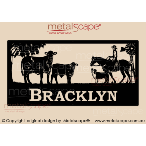 Metalscape - Farm Property Signs-XL Property Sign - Santa Gertrudis cow & calf with rider and Collie