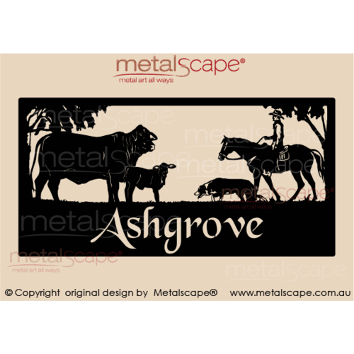 Metalscape - Farm Property Signs-XL Property Sign - Droughtmaster Cow & Calf, Collie & Rider