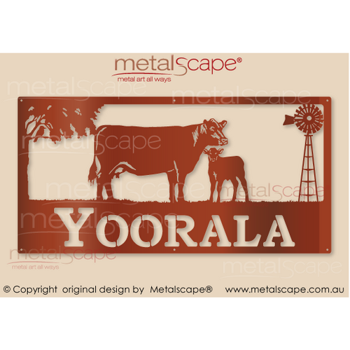 Metalscape - Farm Property Signs-XL Farm Property Sign - Angus Cow & Calf and Windmill