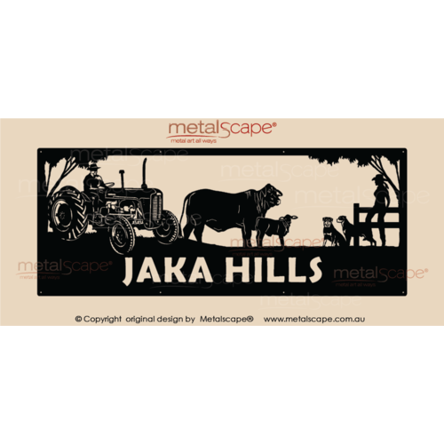 Metalscape - Farm Property Signs-XL Property Sign - Ferguson 35, Brahman Cow & Calf, dogs and lady on fence