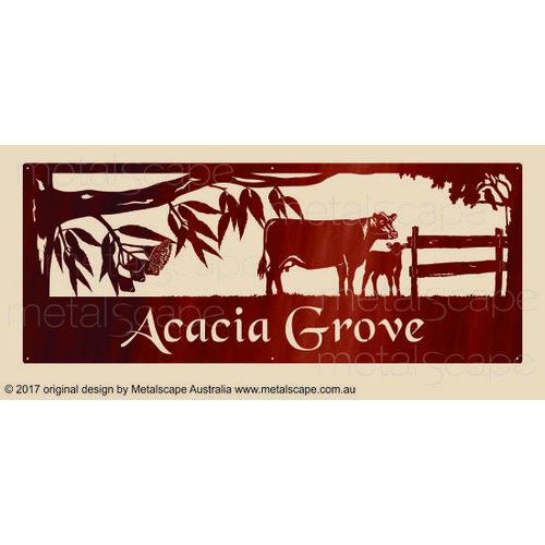 Metalscape - Farm Property Signs-XL Property Sign - Angus Cow & Calf with Trees & Fence