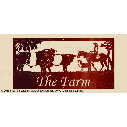 Metalscape - Farm Property Signs-XL Property Sign - Belted Galloways, Rider, Collie & Windmill