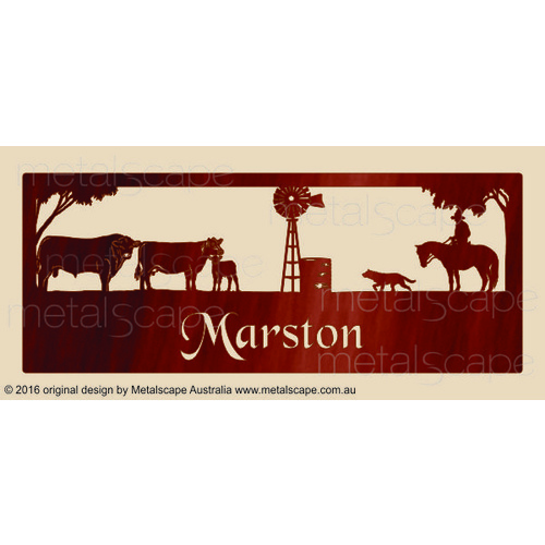 Metalscape - Farm Property Signs-XL Property Sign - Angus Cattle, Kelpie, Windmill and Rider