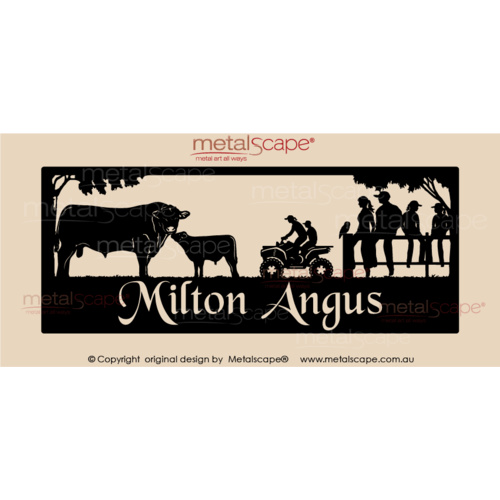 Metalscape - Farm Property Signs-XL Property Sign -Angus Bull, Calf, Quad, Family on Fence