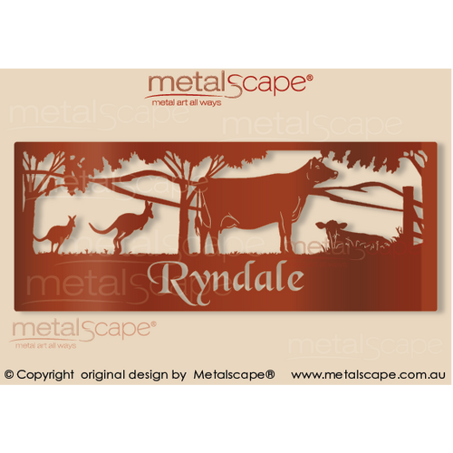 Metalscape - Farm Property Signs-Property Sign Jersey Cow, Calf, Mountains and Kangaroos