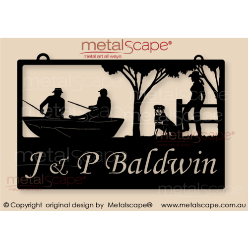 Metalscape - Farm Property Signs-Medium Property Sign -  Fisherman in boat, Rottweiler, Lady on Fence
