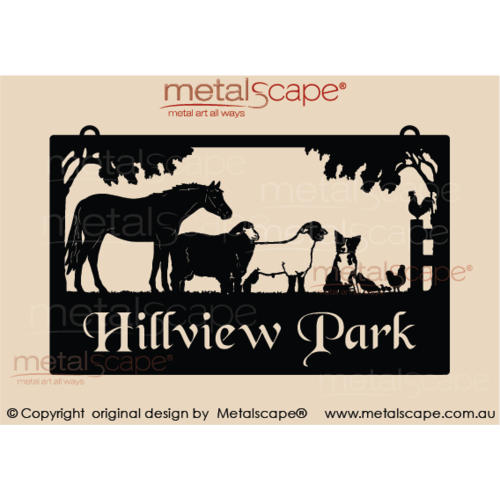 Metalscape - Farm Property Signs-Large Property Sign - Horse, Sheep, Collie Dog, Pecking Hen & Chicks, Fence Post, Rooster and Tree