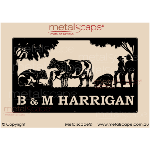 Metalscape - Farm Property Signs-Large Property Sign - Friesian Cattle, Pigs, Male & Female on fence