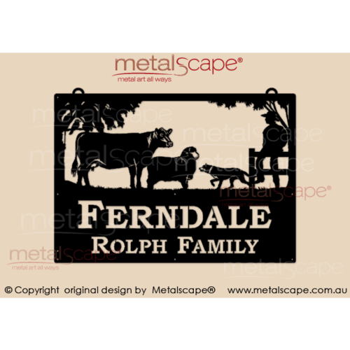 Metalscape - Farm Property Signs-Large Property Sign - Angus Cow, Merino, Kelpie and man on fence
