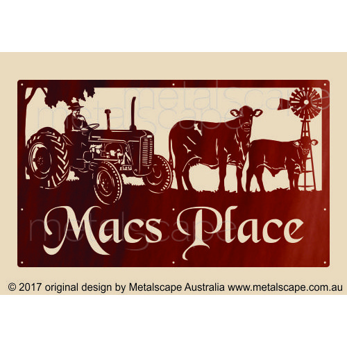 Metalscape - Farm Property Signs-Large Property Sign - Ferguson Tractor & Santa Gertrudis Cow & Calf