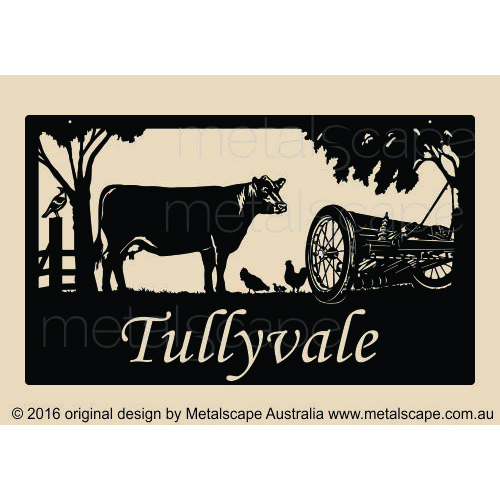 Metalscape - Farm Property Signs-Large Property Sign - Angus Cow & Seed Drill