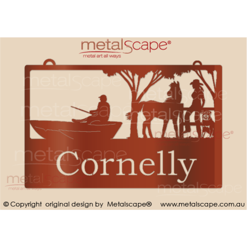 Metalscape - Farm Property Signs-Medium Property Sign - Fisherman, Woman on Fence, Horse and Rottweiler
