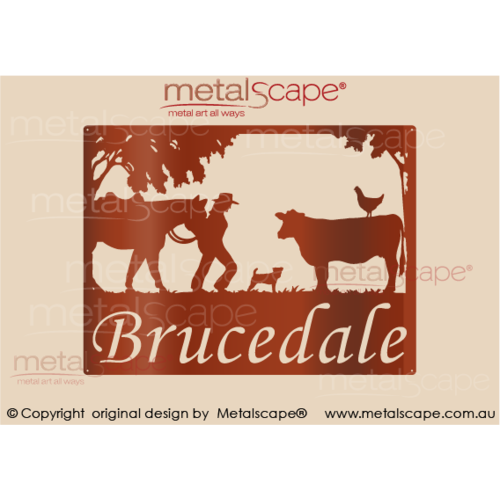 Metalscape - Farm Property Signs-Medium Property Sign - Horse Jillaroo Fox Terrier Cow and Hen