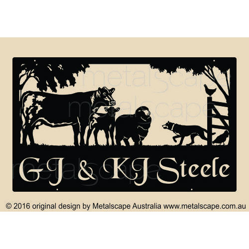 Metalscape - Farm Property Signs-Large Property Sign - Angus Cow & Calf, Merino Ewe, Kelpie and Chickens