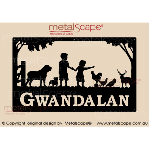 Metalscape - Farm Property Signs-Large Property Sign - Children, Bull Mastiff, Chickens, Sambar Deer