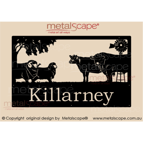 Metalscape - Farm Property Signs-Large Property Sign - Merino Sheep, Angus Cattle & Windmill