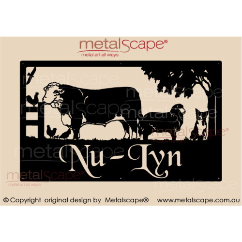 Metalscape - Farm Property Signs-Large Property Sign - Hereford Bull, Merino Ewe, Collie Dog & Chickens